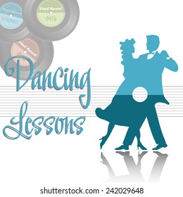 Abstract colorful background with a dancing couple and a few vinyl records. Dancing lessons concept