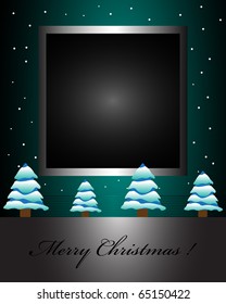 Abstract colorful background with dark frame surrounded by small snowflakes and small fir trees covered by snow at the bottom. Christmas greeting