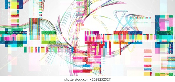 Fundo colorido abstrato com diferentes elementos e linhas. Caos de cores. Ilustração vetorial.