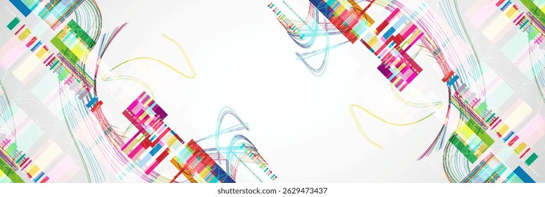 Fundo colorido abstrato com diferentes elementos e linhas. Caos de cores. Ilustração vetorial.