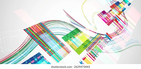 Fundo colorido abstrato com diferentes elementos e linhas. Caos de cores. Ilustração vetorial.