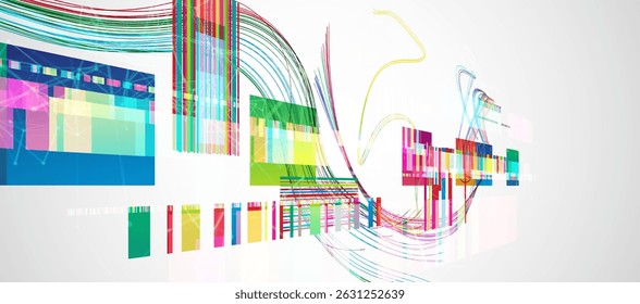 Fundo colorido abstrato com diferentes elementos e linhas. Caos de cores. Ilustração vetorial.