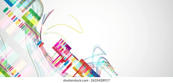 Fundo colorido abstrato com diferentes elementos e linhas. Caos de cores. Ilustração vetorial.