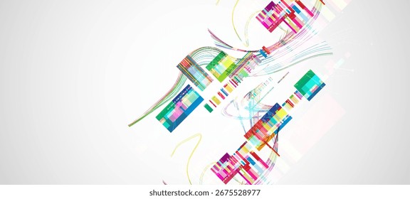 Fundo colorido abstrato com diferentes elementos e linhas. Caos de cores. Ilustração vetorial.