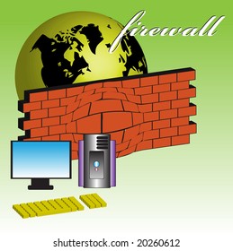 Abstract colorful background with distorted brick wall standing between the globe of the world and a computer. Firewall concept