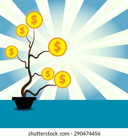 Abstract colorful background with dollars growing on a plant's branches