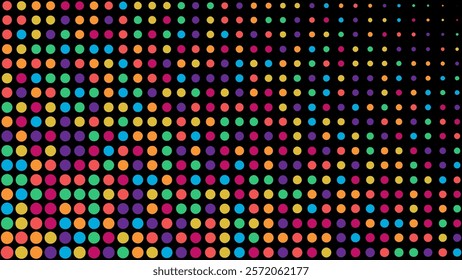 An abstract colorful background. Colorful dotted pattern on black. A colored banner backdrop in the disco style. Diversity and creativity concept. A bright texture.