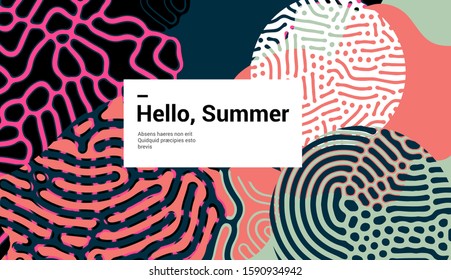 Abstrakter bunter Hintergrund mit gepunkteten Texturen und geometrischen Mustern. Plakatvorlage für Sommerparty.