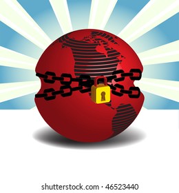 Abstract colorful background with the earth globe tight with a chain, symbolizing the global crisis