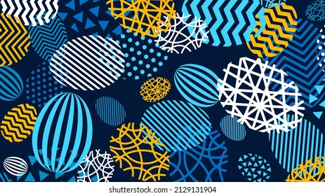 Resumen de fondo colorido con geometría en forma de huevo. Textura vectorial de patrón geométrico con punto, banda, triángulo. Fondo de escritorio para las vacaciones de primavera en Pascua