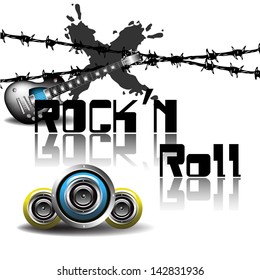 Abstract colorful background with electric guitar, barbed wire and loudspeakers. Rock and roll theme
