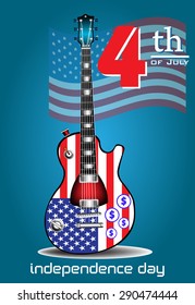 Abstract colorful background with an electric guitar with the american flag and the text fourth of July written above the guitar. Independence Day concept