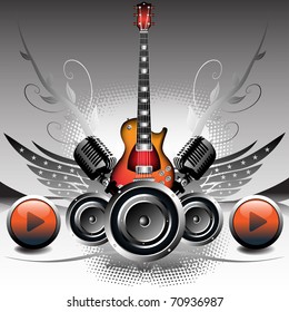 Abstract colorful background with electric guitar, loudspeakers, wings and colored play buttons. Concert design