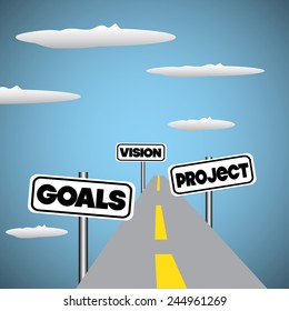 Abstract colorful background with an endless road among clouds and plates with the text goals, project, vision written on each plate