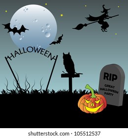 Abstract colorful background with evil pumpkin, a witch flying on a broom, bats, full moon, owl and a tombstone on which is written the text great Halloween party