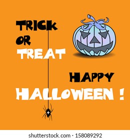 Abstract colorful background with evil pumpkin, and the text trick or treat written with black and white letters. Halloween theme