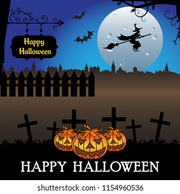 Abstract colorful background with evil pumpkins and a witch flying on a broomstick. Halloween postcard concept