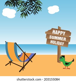Abstract colorful background with an extendable chair near the sea and a wooden plate with the text Happy Summer Holiday written with white letters