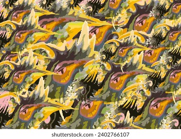 Abstract colorful background with eyes and floral motifs for textiles or fabrics. Vibrant textural backdrop like a autumn motifs for business concepts, covers, prints, fashion trends, interiors, etc.