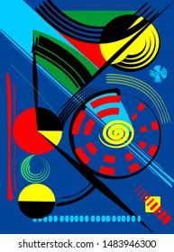 abstract colorful background , fancy  geometric lines and shapes red yellow on blue