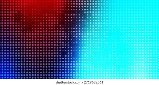 Abstractas fondo colorido con un patrón de semitono de estrella repetido con una suave transición de degradado de tonos rojos y púrpuras a tonos cian y azules brillantes.