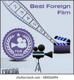 Abstract colorful background with film projector, film reel and clapboard. Best foreign movie concept