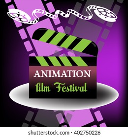 Abstract colorful background with film reel and a clapboard with the text animation film festival