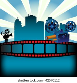 Abstract colorful background with filmstrip, skyscrapers and two movie projectors. Movie festival concept