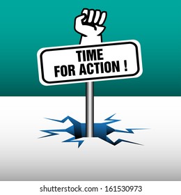 Abstract colorful background with a fist coming out from an ice crack with the text time for action written on a plate