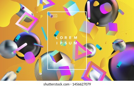 Abstract colorful background with floating 3d shapes in the space. Gradient fluid shiny neon colors, vaporwave neo-memphis style.