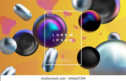 Abstract colorful background with floating 3d shapes in the space. Gradient fluid shiny neon colors, vaporwave neo-memphis style.