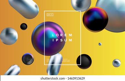 Abstract colorful background with floating 3d shapes in the space. Gradient fluid shiny neon color tones.