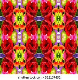 Abstract Colorful Background floral pattern with red color flowers and green leaf plastic pixel art design vector