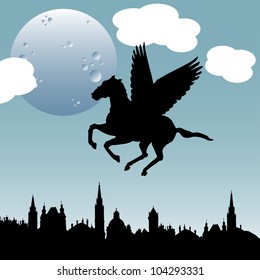 Abstract colorful background with a flying horse flying over a city. Pegasus concept
