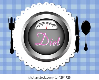 Abstract colorful background with fork, spoon, knife and a plate having the text diet written with pink letters