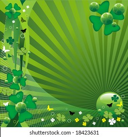 Abstract colorful background with four leaf clovers, butterflies, small circles, green bubbles for St. Patrick's Day
