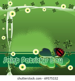 Abstract colorful background with four leaf clovers, flowers, ladybird and the text Saint Patrick's Day written with green letters
