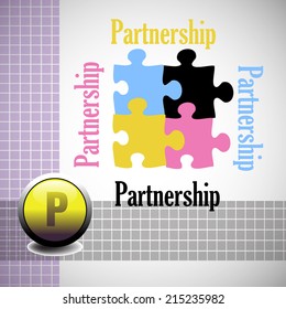 Abstract colorful background with four puzzle pieces and the word partnership written in various colors