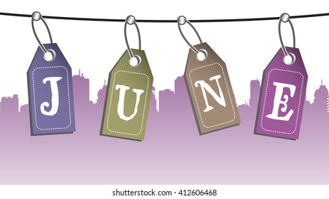 Abstract colorful background with four tags hanging on a wire and the text June written on the tags