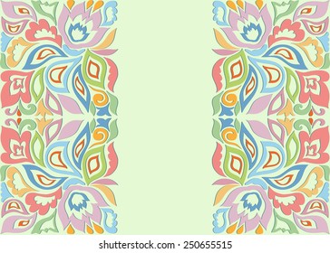 Abstract colorful background, frame border floral pattern, wedding invitation or greeting card design, beautiful luxury postcard, ornate page cover, ornamental vector illustration
