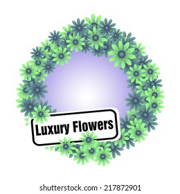 Abstract colorful background with frame made from blue and green flowers and a plate with the text luxury flowers