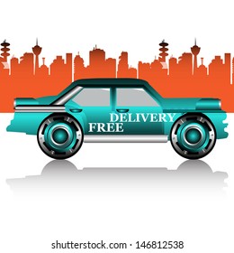 Abstract colorful background with a free delivery car running on the streets of a city