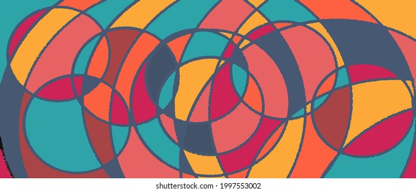 Abstract colorful geometriс background. Frequent mosaic with red and yellow color circles. Fabric or carpet modern print. Kids product pattern. Warm color palette abstraction. Psychedelic template