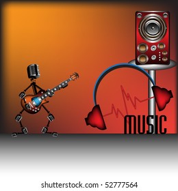 Abstract colorful background with funny man made from microphones singing at the electric guitar