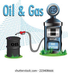 Abstract colorful background with gas pump and an oil barrel. Oil and gas resources concept