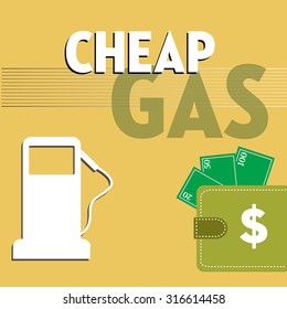 Abstract colorful background with gas pump, wallet with money and the text cheap gas written with capital letters