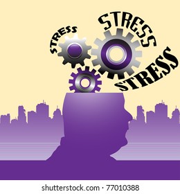 Abstract colorful background with gears coming out from a human's head. Stress concept