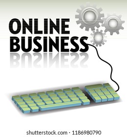 Abstract colorful background with gears and a keyboard connected to the online business text