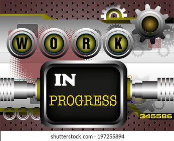 Abstract colorful background with gears and the text work in progress written on metallic elements