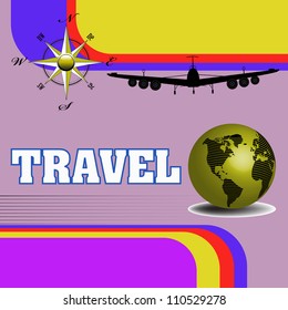Abstract colorful background with globe, compass, plane and the text travel written with white capital letters. Traveling theme